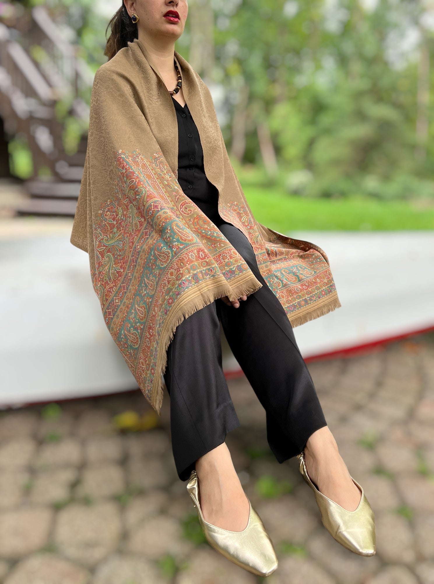 Beige Wool Kashmir Jamawar Pashmina Shawl For Elegant Wear - Rosetta Creative Boutique